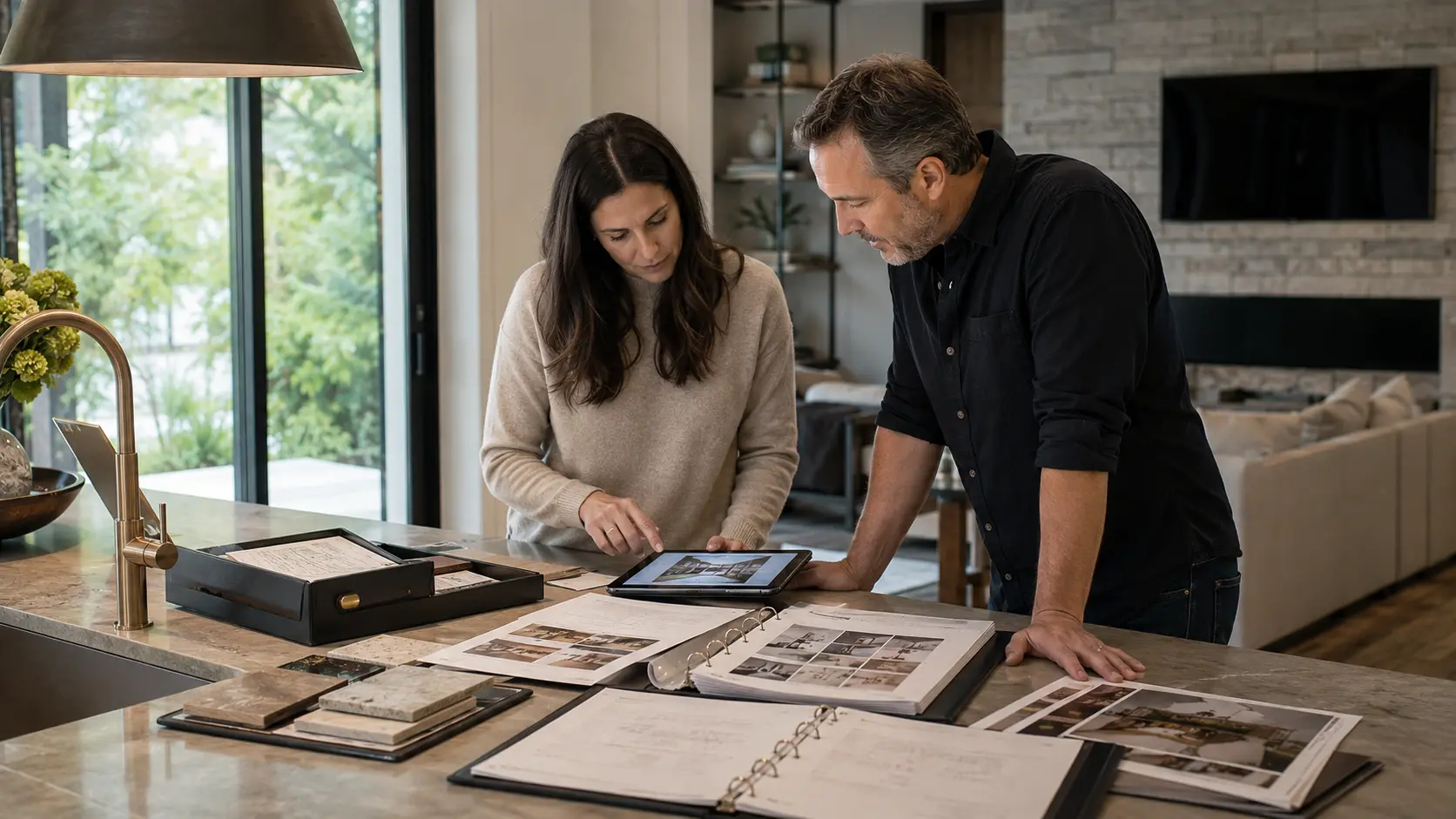 Builder and homeowner reviewing plans and property information together at a kitchen island