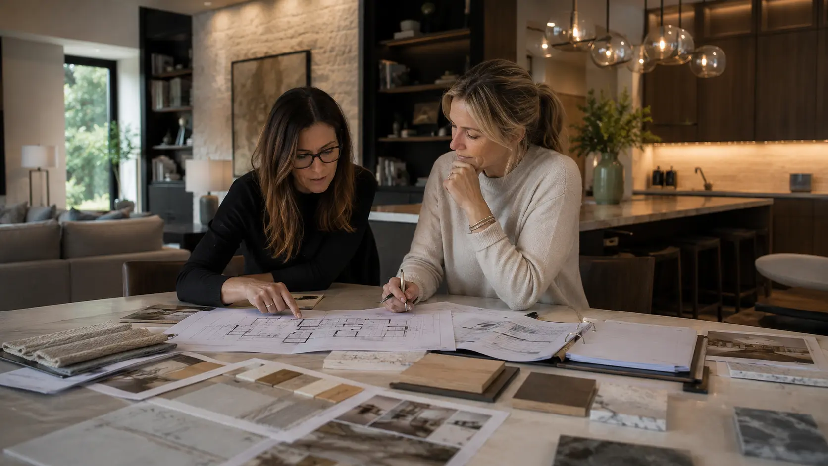 Architect and designer reviewing drawings, finish samples, and material boards in the completed home