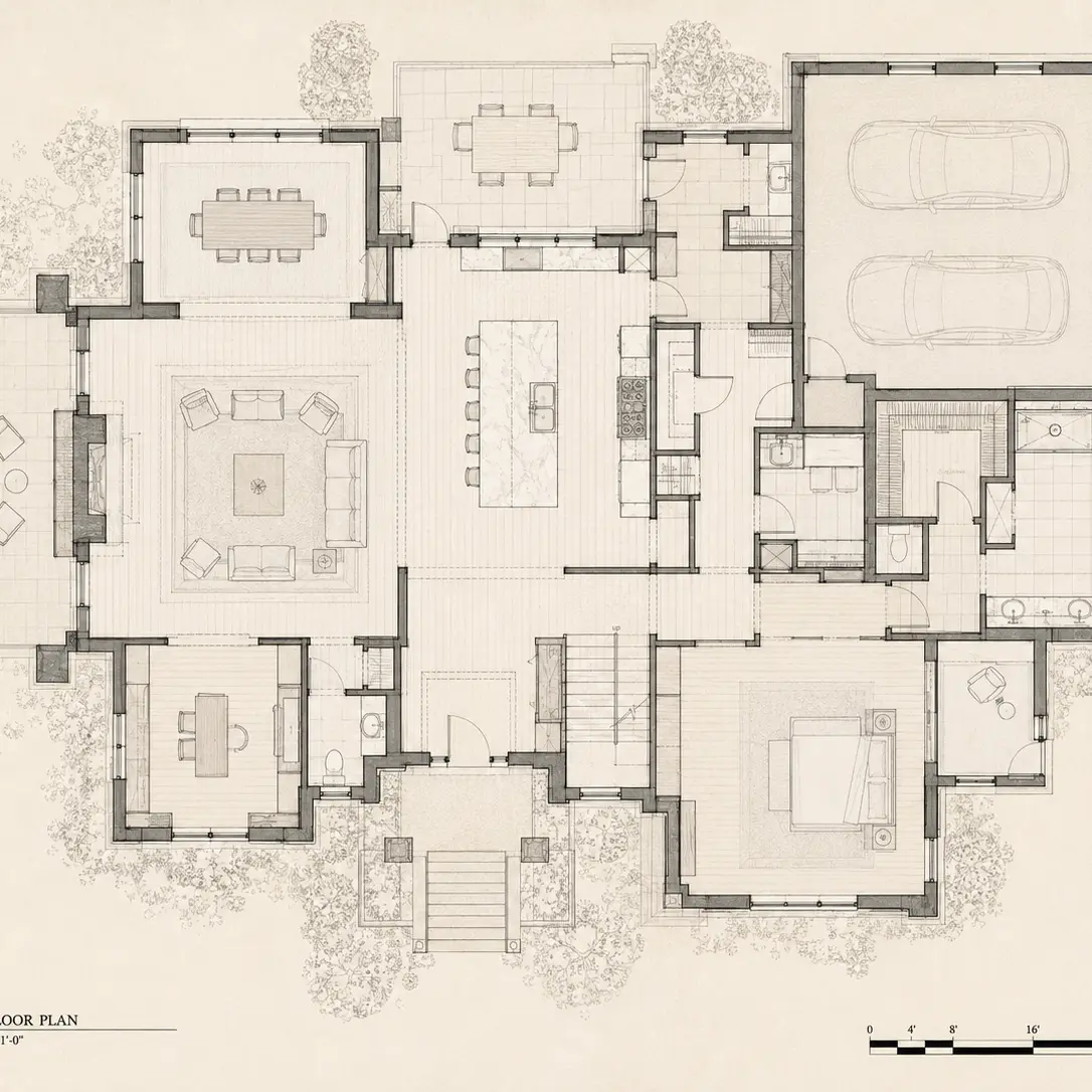 Level 1 architectural floor plan of a custom residence
